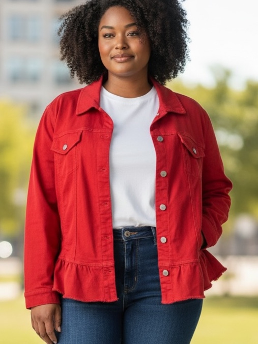 CHIOCS RED DENIM JEAN JACKET W RUFFLE HEM & SILVER TONE BUTTONS COTTAGECORE 3X